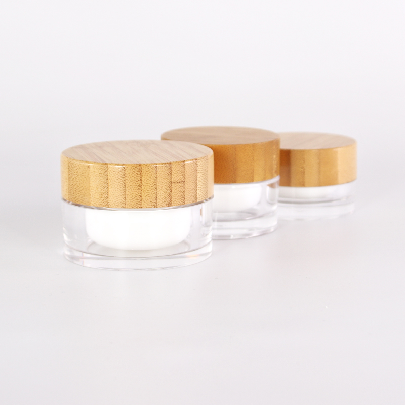 New 15g 30g 50g 100g plastic cylinder container acrylic cream jars pot with bamboo wooden lid
