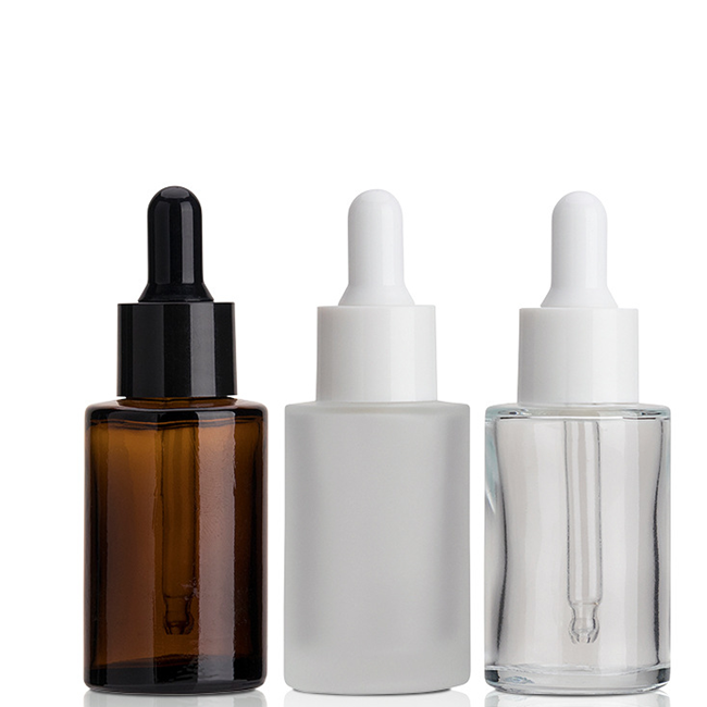New 20ml 30ml 40ml Amber Flat Round Essential Oil Glass Cosmetic Bottles with Plastic Cap Droppers