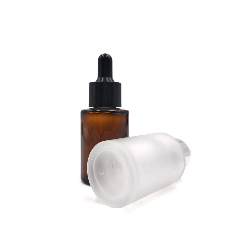 New 20ml 30ml 40ml Amber Flat Round Essential Oil Glass Cosmetic Bottles with Plastic Cap Droppers