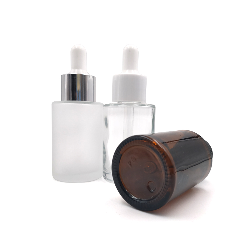 New 20ml 30ml 40ml Amber Flat Round Essential Oil Glass Cosmetic Bottles with Plastic Cap Droppers