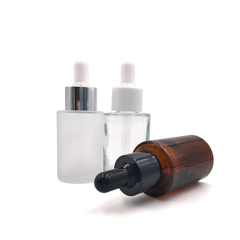 New 20ml 30ml 40ml Amber Flat Round Essential Oil Glass Cosmetic Bottles with Plastic Cap Droppers