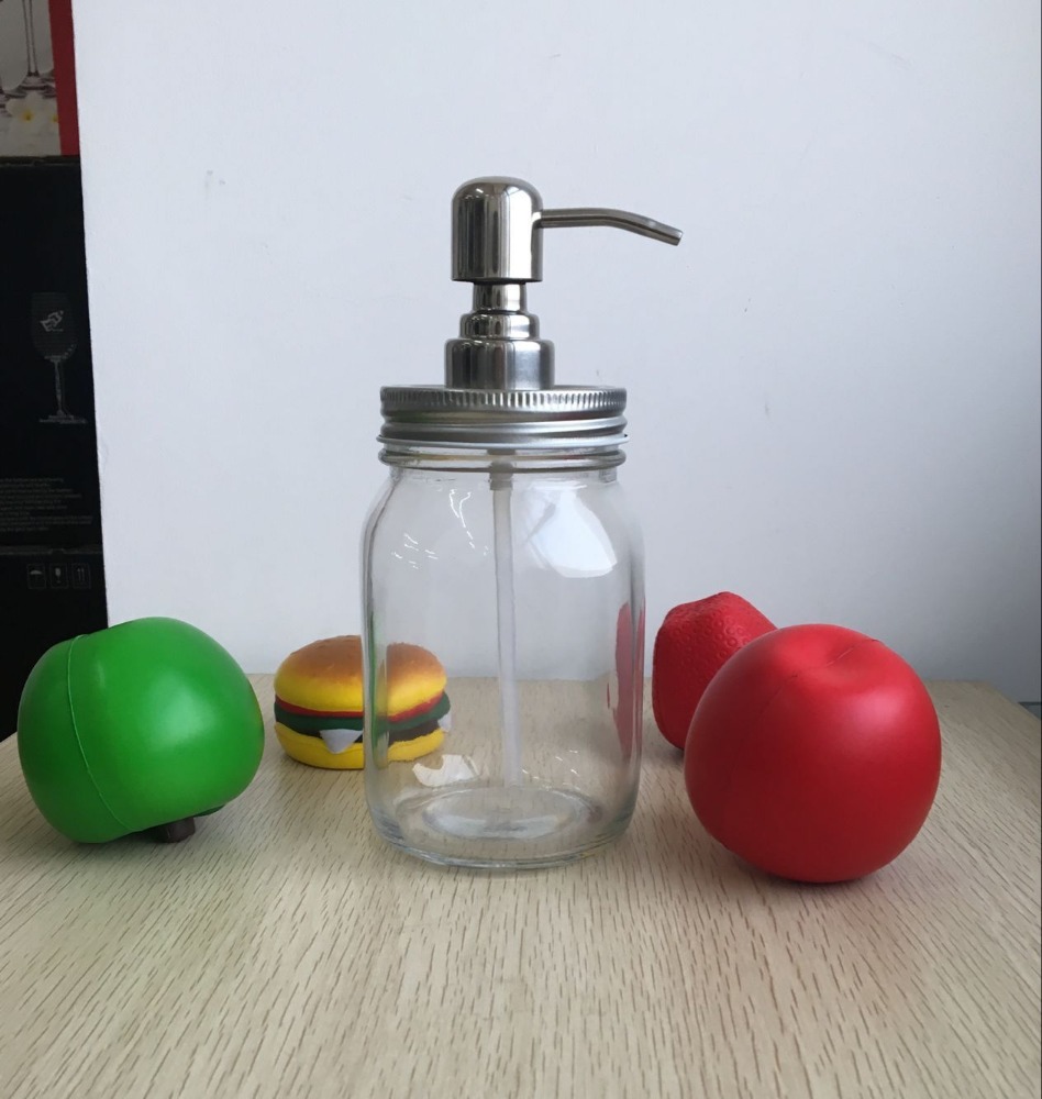 New 500 ml Clear Decorative mason jar soap dispenser with stainless metal pump