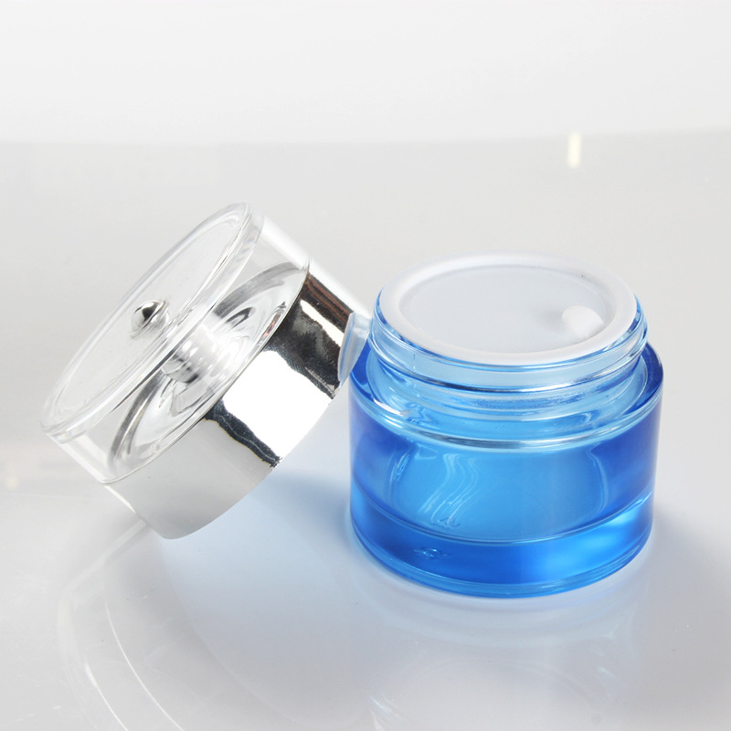 New 50g blue transparent glass cream empty cans with silver acrylic lid cosmetic mask concealer container