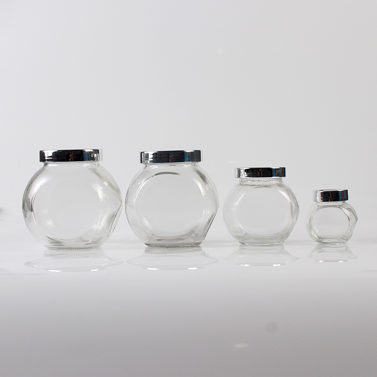 New 50ml 150ml 350ml 450ml Flat Drum Big Belly Glass Jar with Silver Lid for Storage