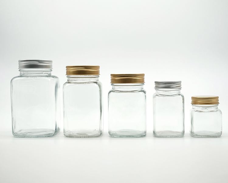 New Arrival 200ml Rectangular Shape Glass Jar 700ml Square Glass Jar with Aluminum Lid Glass Food Drinks Bottles
