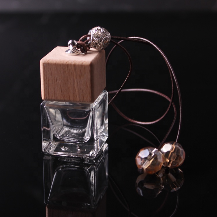 New Arrival Square Glass Bottle Wooden Lid With Luxury Clear Beads With Hook Aroma Diffuser Hanging Perfume bottles