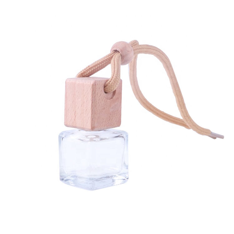 New Arrival Square Shape Glass Perfume Car Diffuser Bottle With Wooden Cap And Rope Aroma Diffuser Hanging perfume bottles
