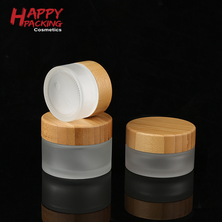 New Arrived 10ml clear frosted glass jar bamboo lid with plastic inner bamboo cream jar