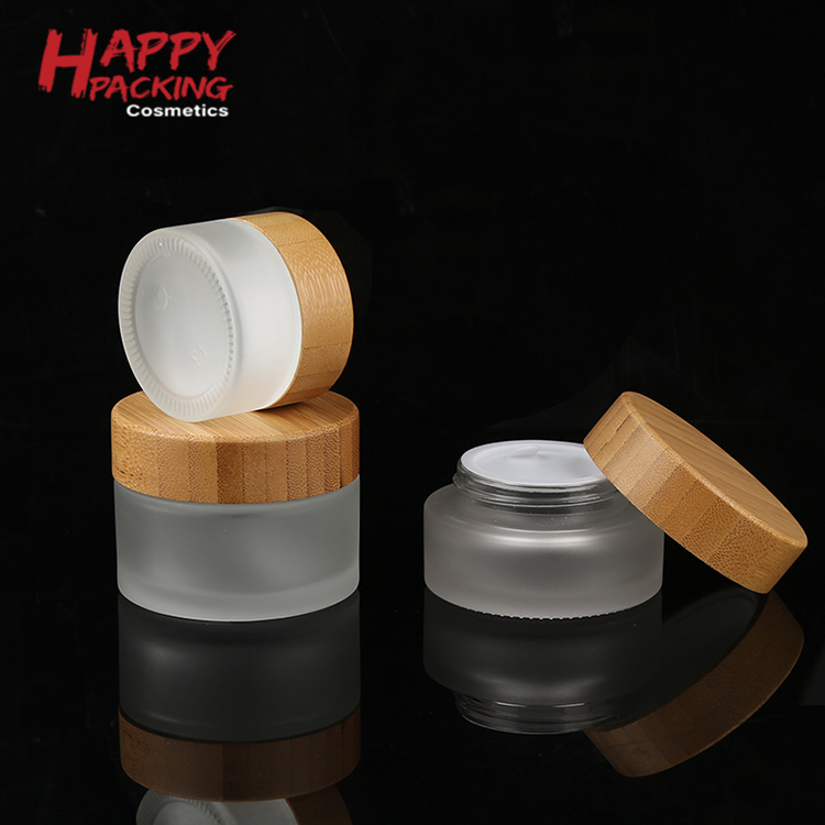 New Arrived 10ml clear frosted glass jar bamboo lid with plastic inner bamboo cream jar