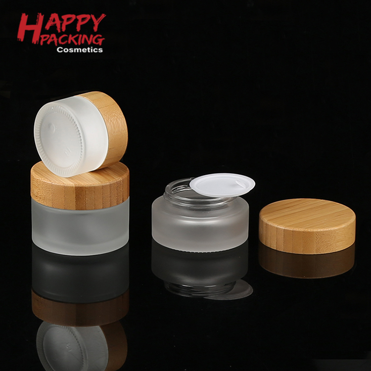 New Arrived 10ml clear frosted glass jar bamboo lid with plastic inner bamboo cream jar