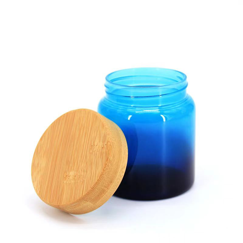 New Blue Glass Sealed Jar Kitchen Food Storage Can Round Bamboo Lid Sealed Storage Jar