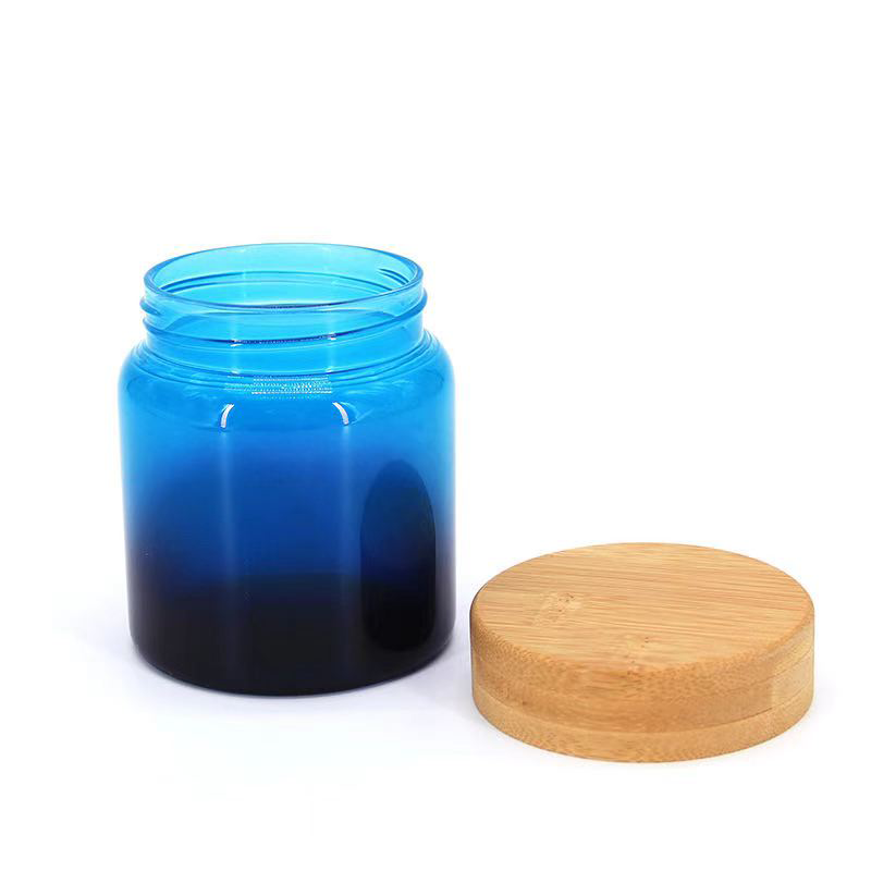 New Blue Glass Sealed Jar Kitchen Food Storage Can Round Bamboo Lid Sealed Storage Jar