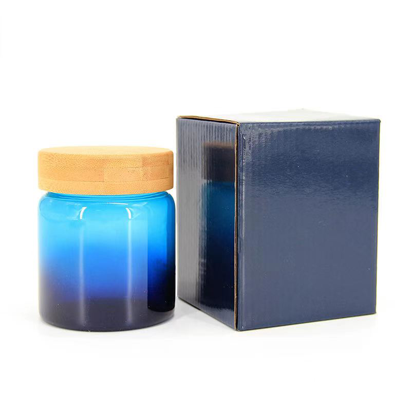 New Blue Glass Sealed Jar Kitchen Food Storage Can Round Bamboo Lid Sealed Storage Jar