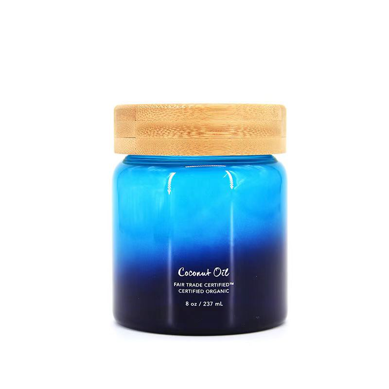 New Blue Glass Sealed Jar Kitchen Food Storage Can Round Bamboo Lid Sealed Storage Jar