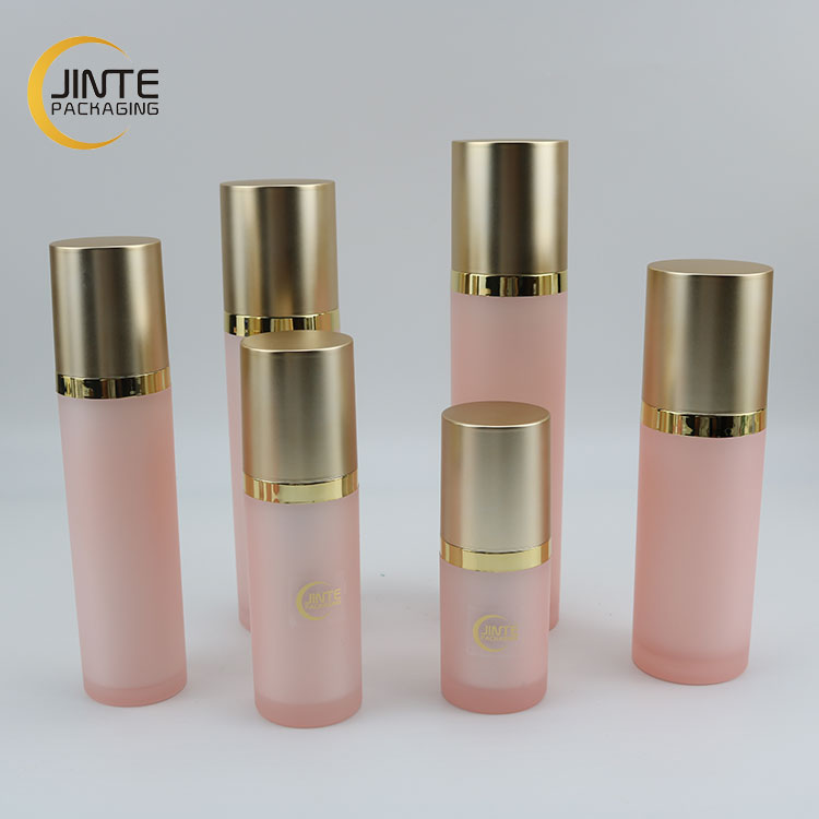 New Color Acrylic Frosted Pink Double wall Plastic Jar and Acrylic Bottle with Matte gold color cap for Cosmetics Sets