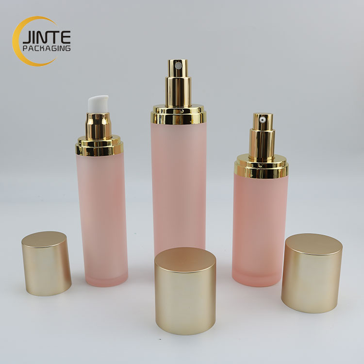 New Color Acrylic Frosted Pink Double wall Plastic Jar and Acrylic Bottle with Matte gold color cap for Cosmetics Sets