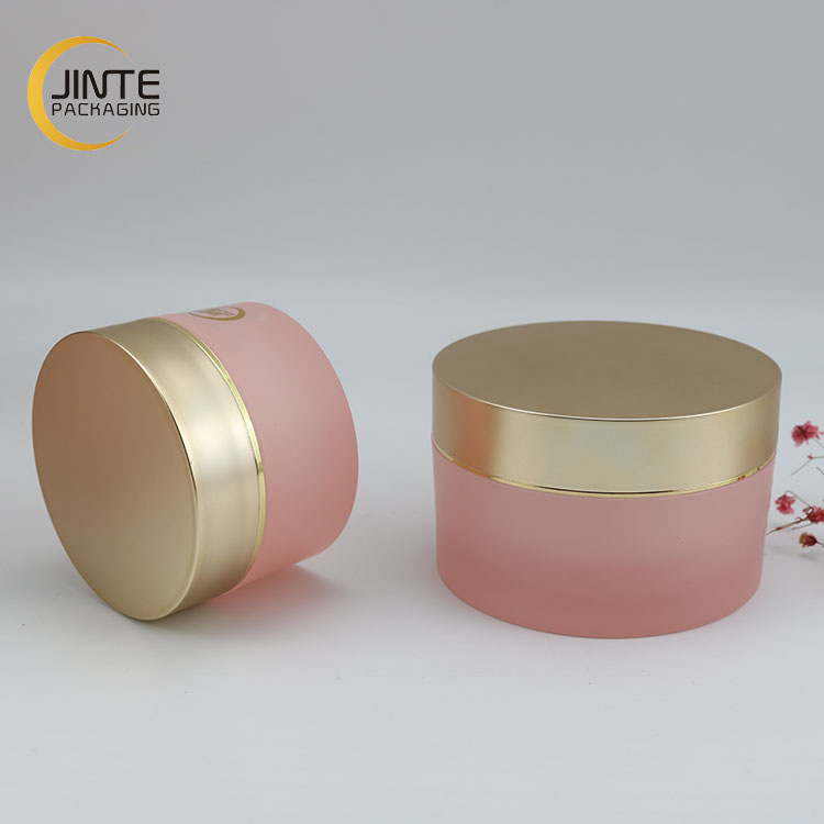 New Color Acrylic Frosted Pink Double wall Plastic Jar and Acrylic Bottle with Matte gold color cap for Cosmetics Sets