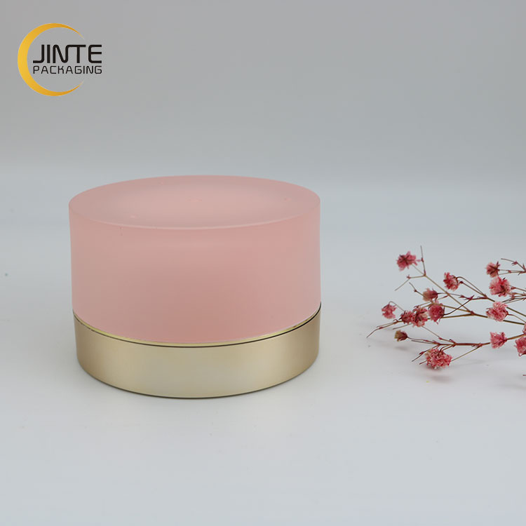 New Color Acrylic Frosted Pink Double wall Plastic Jar and Acrylic Bottle with Matte gold color cap for Cosmetics Sets