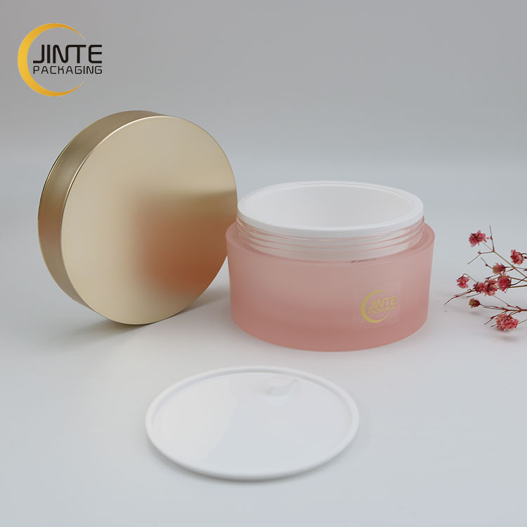 New Color Acrylic Frosted Pink Double wall Plastic Jar and Acrylic Bottle with Matte gold color cap for Cosmetics Sets