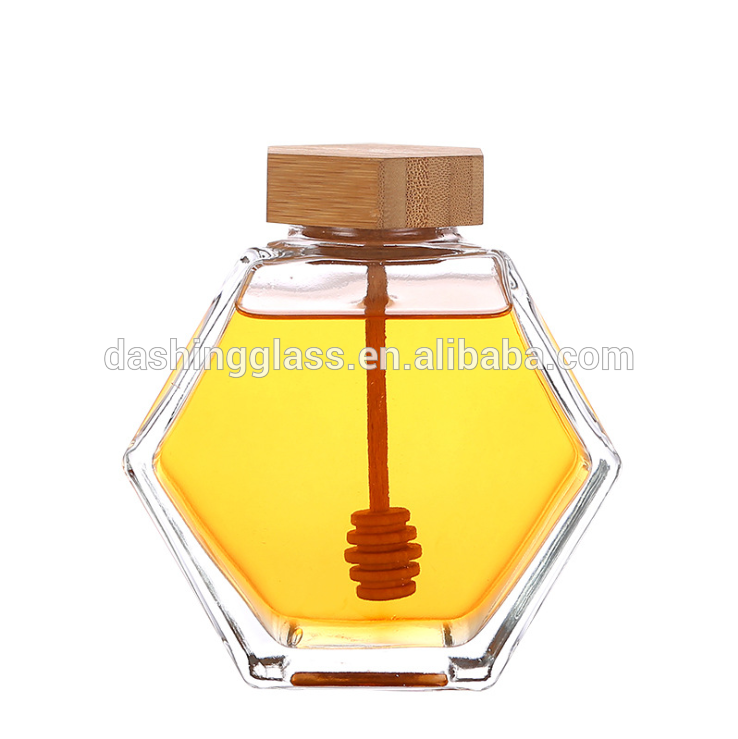 New Creative High End Hexagon Honey Glass Jar with Wooden Lid