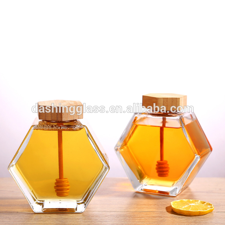 New Creative High End Hexagon Honey Glass Jar with Wooden Lid