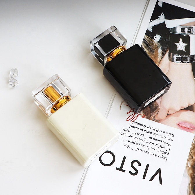 New Custom Refillable Spray Black /White Color Square Glass 50ml Perfume Bottle