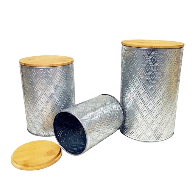 New Design 2020 Cheap Wholesale Silver Kitchenware Tea Sugar Coffee Storage Canister Set with Bamboo Lids