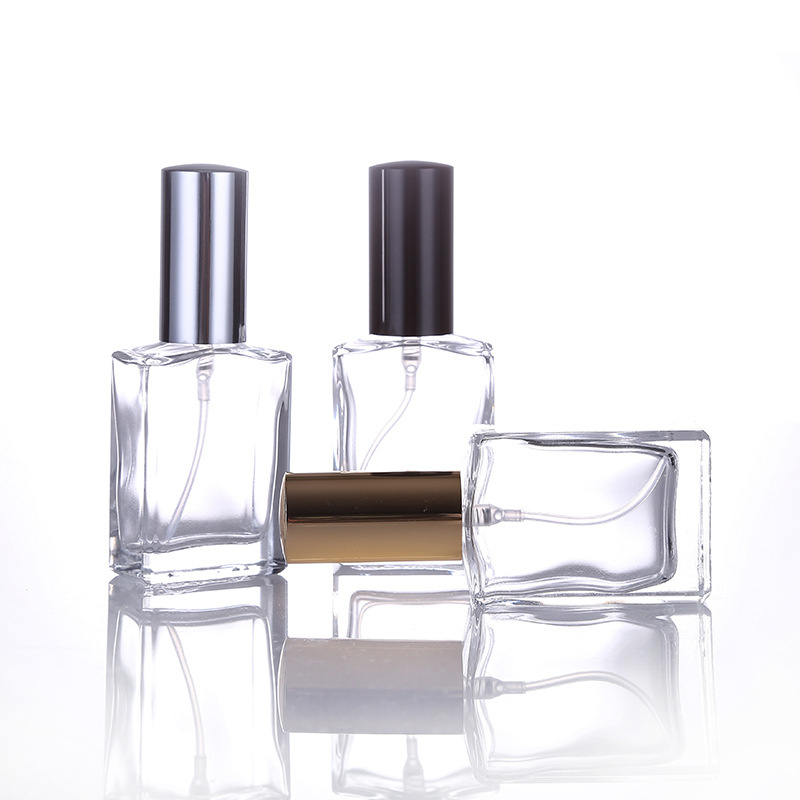 New Design 30ml Clear Rectangle Glass Perfume Spray Bottle with Aluminum Mist Sprayer