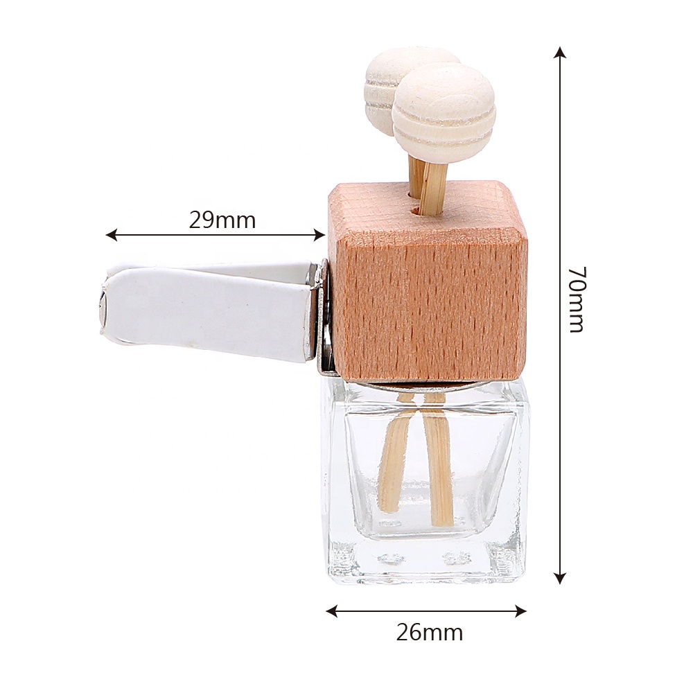 New Design 8ml Square Car Hanging Air Fresher Glass Perfume Diffuser Bottle with Wooden Cap, Metal Clip