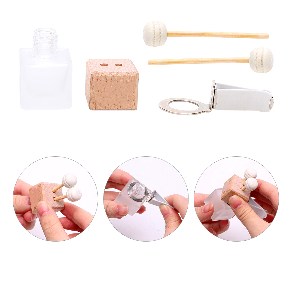 New Design 8ml Square Car Hanging Air Fresher Glass Perfume Diffuser Bottle with Wooden Cap, Metal Clip