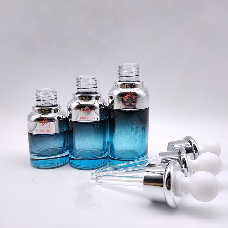 New Design Blue Essential Oil Glass Dropper Bottle for Cosmetic 15ml 30ml 50ml Plastic Cosmetic Skin Care Packaging Cylinder OEM