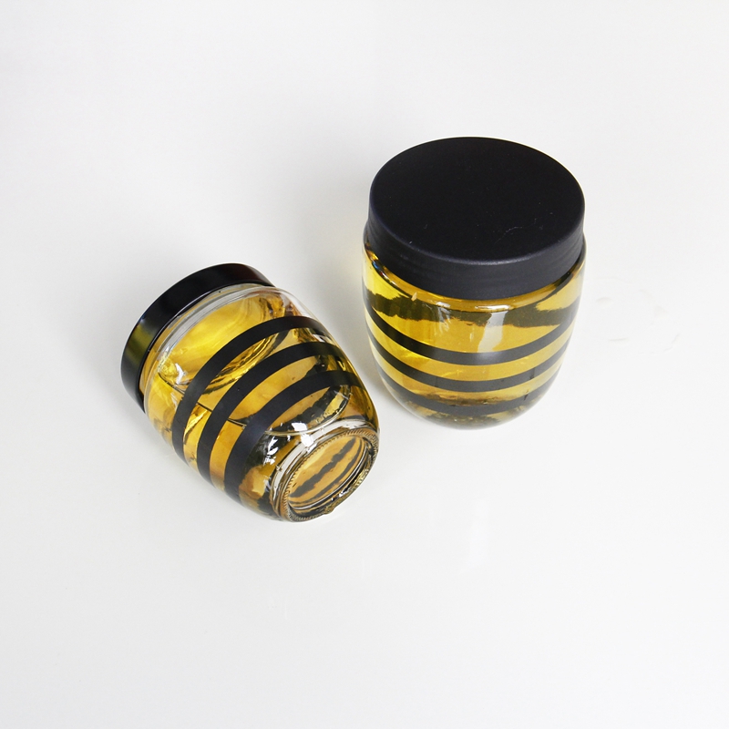 New Design Clear Round 250g/500g bee shape glass honey jar With metal Lids