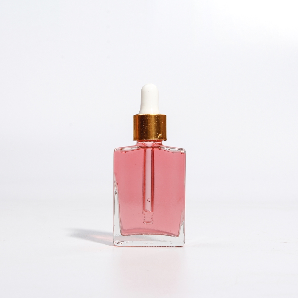 New Design Square Glass Bottle For Perfume Oil Glass Dropper With Shinny Golden Collar And White Rubber Dropper