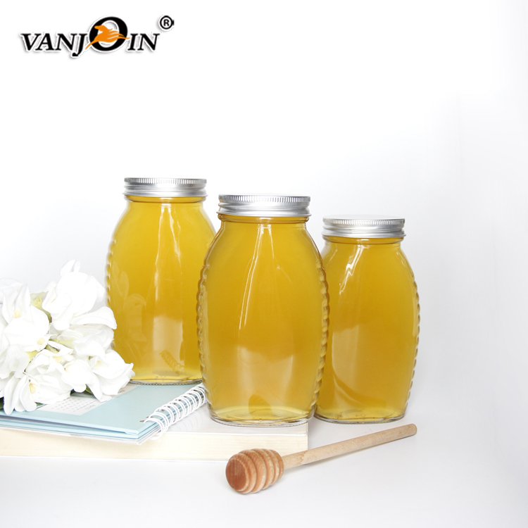 New Design clear glass queenline honey jars with metal lids and wood dipper