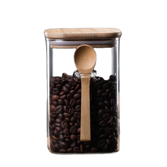 New Design high quality food container Borodilicate Square Glass Storage Jar with Bamboo Lid and Spoon