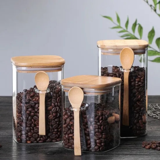 New Design high quality food container Borodilicate Square Glass Storage Jar with Bamboo Lid and Spoon
