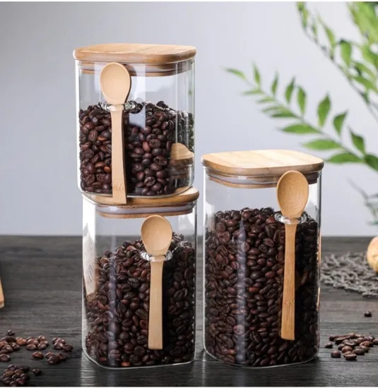New Design high quality food container Borodilicate Square Glass Storage Jar with Bamboo Lid and Spoon