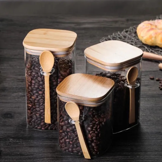 New Design high quality food container Borodilicate Square Glass Storage Jar with Bamboo Lid and Spoon