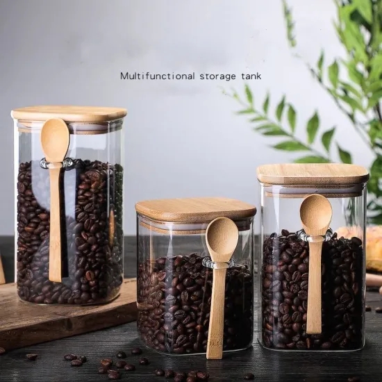 New Design high quality food container Borodilicate Square Glass Storage Jar with Bamboo Lid and Spoon