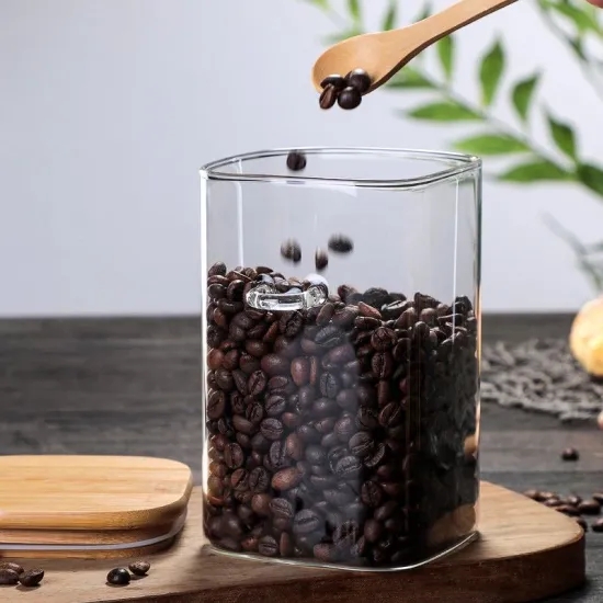 New Design high quality food container Borodilicate Square Glass Storage Jar with Bamboo Lid and Spoon