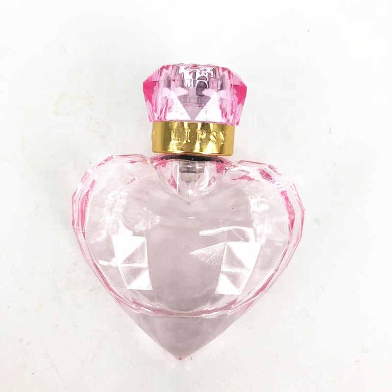 New Elegant Pink 30ml Heart Shape Cosmetic Glass Perfume Gift Bottle with Rose Top