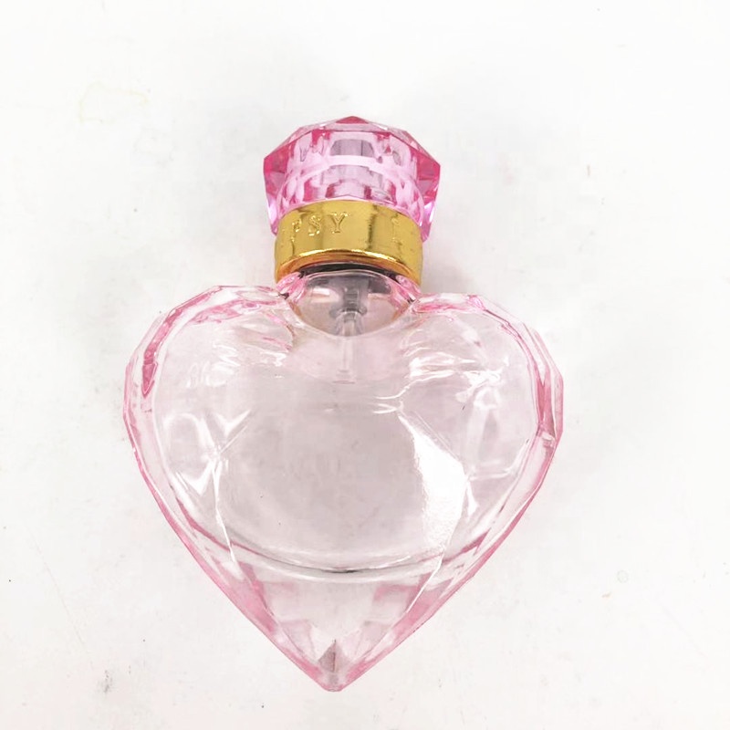 New Elegant Pink 30ml Heart Shape Cosmetic Glass Perfume Gift Bottle with Rose Top