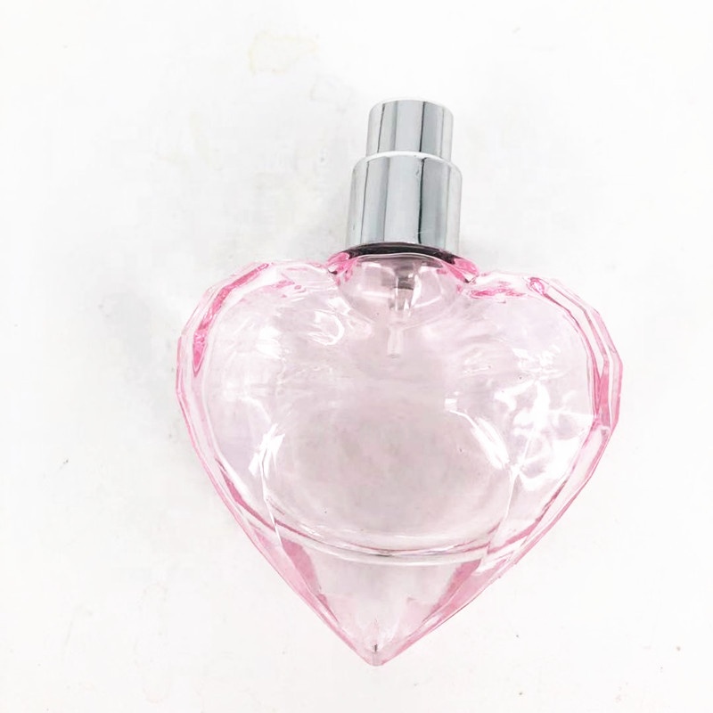 New Elegant Pink 30ml Heart Shape Cosmetic Glass Perfume Gift Bottle with Rose Top