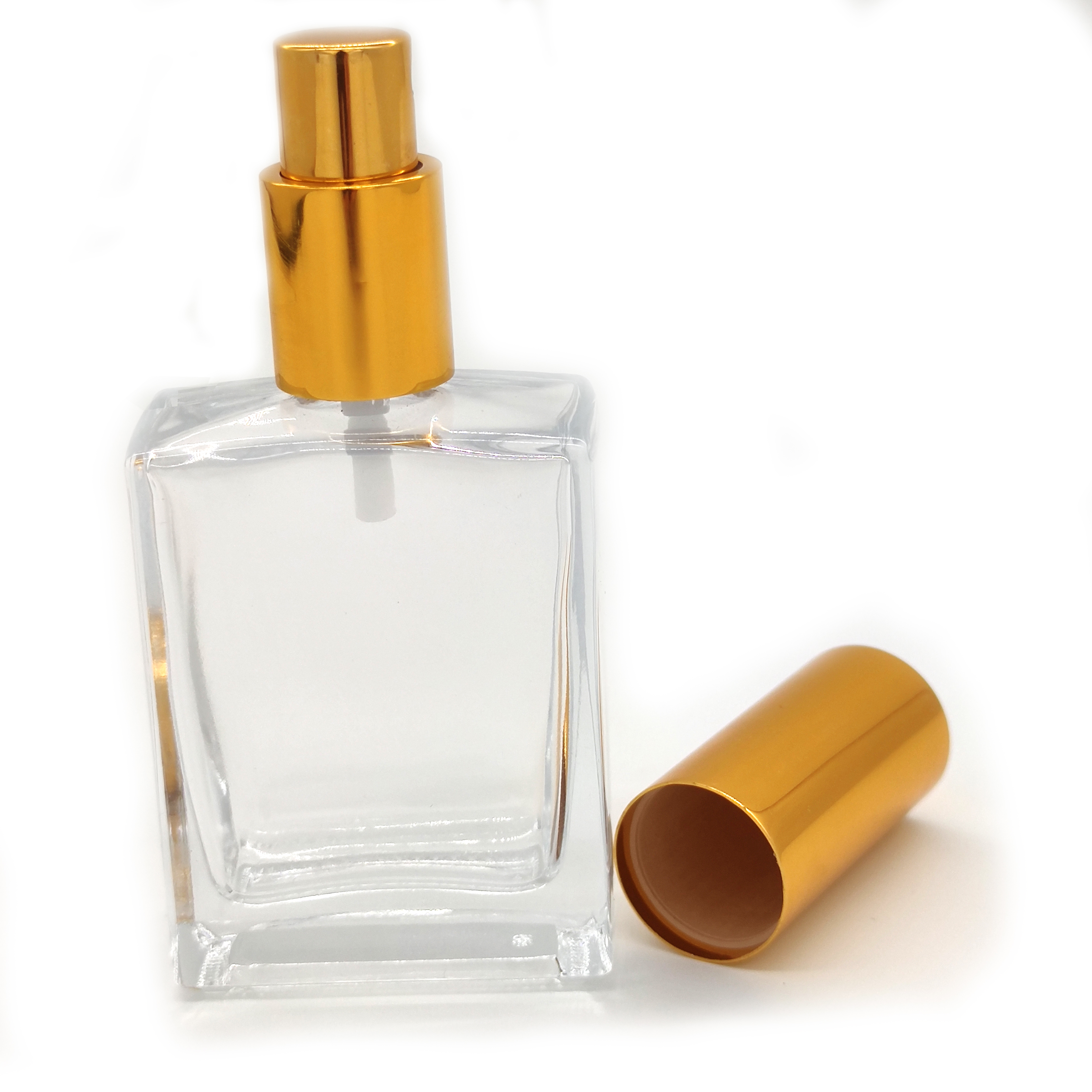 New Patter Gold Square Perfume Bottle 30ml 50ml 100ml Transparent Glass Perfume essential oil Bottle with Spray