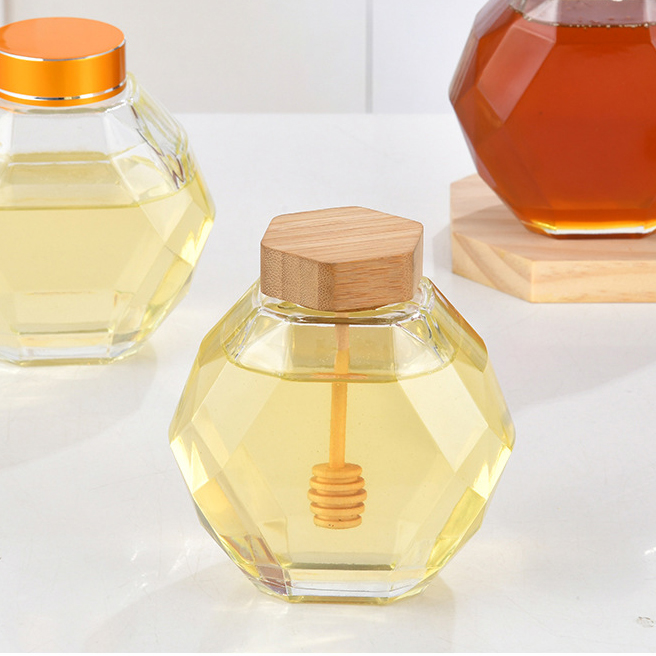 New Pattern manufacturers 500g customized honey bottle honey Glass Jar with wooden lid