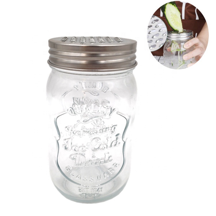 New Products Wide Mouth Glass Mason Jar with Stainless Steel Grater Lid