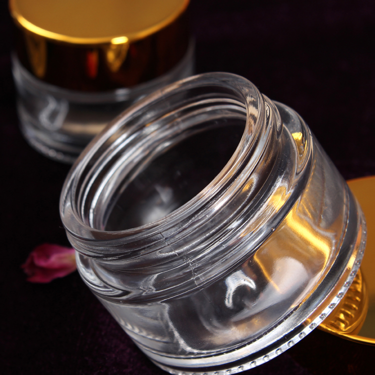 New Round Cosmetic Mini Clear Glass Cream Jar with Gold Lid
