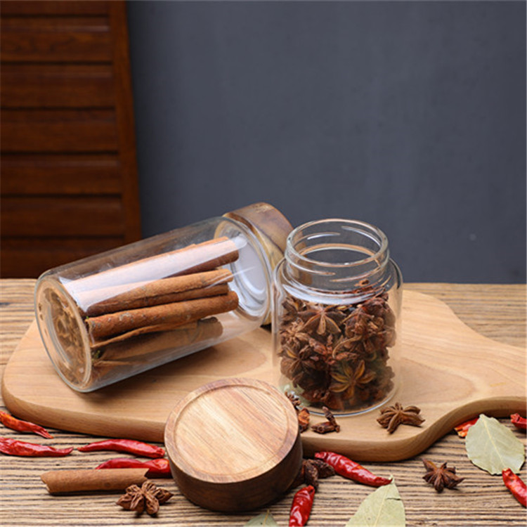 New Round Transparent Glass Honey Bottle Thread Mouth Acacia Wood Cover Honey Jar