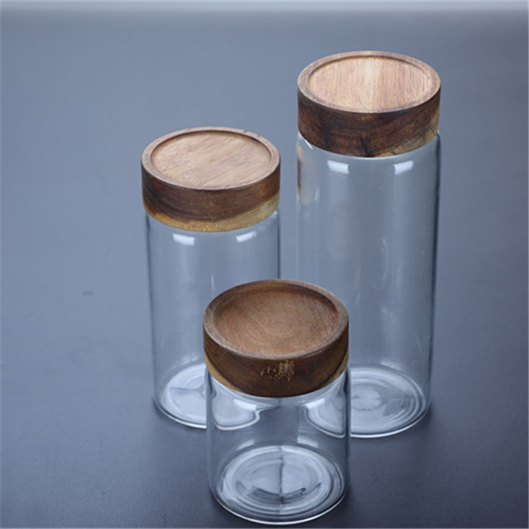 New Round Transparent Glass Honey Bottle Thread Mouth Acacia Wood Cover Honey Jar