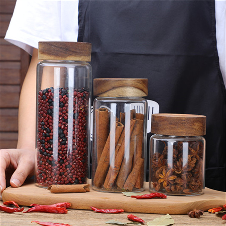 New Round Transparent Glass Honey Bottle Thread Mouth Acacia Wood Cover Honey Jar